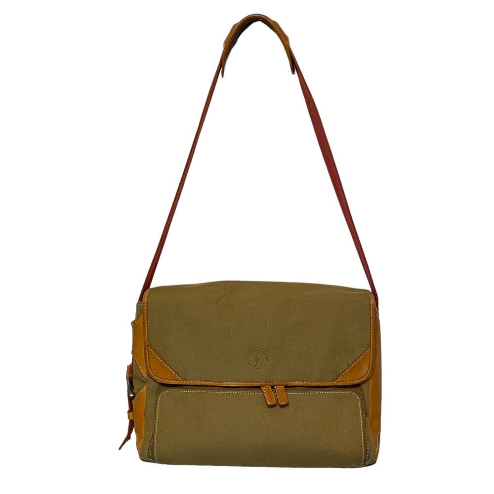 Cole Haan Canvas Leather Large Messenger Bag Green Brown Adjustable Carryall